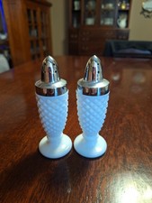 Vintage Milk Glass Hobnail Salt & Pepper Shakers Pair with Silver Tone Lids