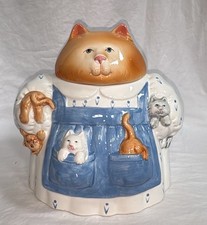 Hand-Painted Ceramic Cat Cookie Jar with Figural Arched-Cat Lid Finial, Blue Speckled Glaze — listing 6