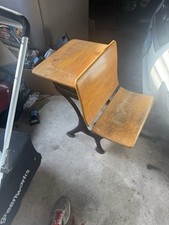 Vintage 'Silent Giant' Cast Iron & Wood School Desk with Attached Seat, Repainted Yellow with Folk Art Stenciling — listing 6