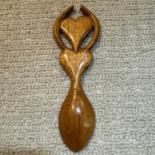 Vintage Asian Carved Wood Big Spoon and Fork Wall Decor with Tribal Figures, listing 3
