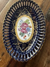 Cobalt Blue Reticulated Pierced Ceramic Plate with Hand-Painted Enamel Flowers and Gold Accents — listing 2