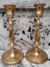 Pair of Vintage Solid Brass Turned Candlesticks with Faceted Knop and Square Stepped Bases — listing 3