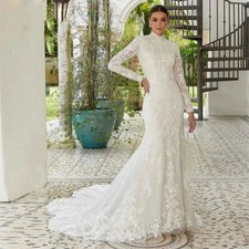 Long-Sleeve White Ruched Bridal Gown with Boat Neckline and High Slit — listing 5