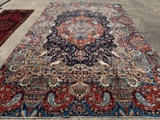 Hand-Knotted Persian-Style Wool Area Rug, Red Field with Navy Border, Allover Floral Design, approx 8x10 — listing 4