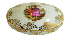 Antique Porcelain Lidded Dresser Box with Fragonard Courting Couple Transfer, Brass Mount & Mirror — listing 4