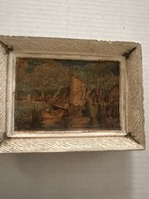 Antique Oil Painting Coastal Harbor Scene with Figures, Signed, in Ornate Gilt Frame — listing 3