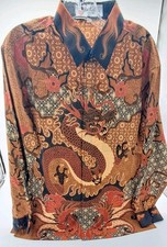 Batik Keris Men's Long-Sleeve Batik Shirt, Red/Gold/Brown Floral Print, Size 17 — listing 3