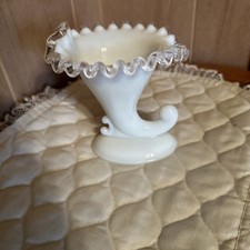 Fenton Custard Silver Crest Cornucopia Candle Holder (Uranium Custard Glass), Set of 2
