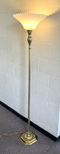 Vintage Brass Double-Arm Floor Lamp with Black Paper Shade — listing 3