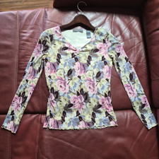 Liz Claiborne Navy Floral V-Neck Henley Blouse, Size S