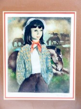 Whimsical Signed Artist's Proof Lithograph, Boy Offering Sunflowers to Red-Haired Girl, Framed — listing 5