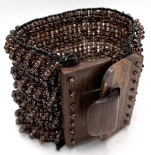 Multi-Strand Turquoise Blue Seed Bead Stretch Cuff Bracelet with Wooden Toggle Clasp — listing 2