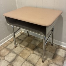 Vintage "Silent Giant" Cast Iron & Wood Folding School Desk with Painted Floral Stenciling — listing 5