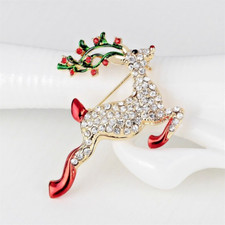 Vintage Gold-Tone Leaping Reindeer Christmas Brooch with Red Enamel Saddle — listing 6