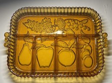 Vintage Amber Pressed Glass Divided Relish Dish with Scalloped Rim and Starburst Pattern — listing 6