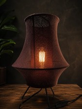 Mid-Century Modern Style Tripod Table Lamp with Turned Wood & Frosted Glass Stem and Green Spiral Fabric Shade — listing 2