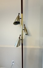 Mid-Century Modern Tension Pole Floor Lamp with Lucite Shades, Brass & Walnut — listing 5