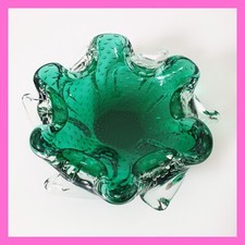 Vintage Green Controlled Bubble Art Glass Ashtray Bowl — listing 6