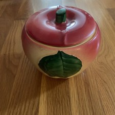 Figural Apple-Shaped Covered Ceramic Cookie Jar / Canister with Green Leaf Finial — listing 6