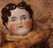Vintage 12 Inch Porcelain China Head Doll in Gold Satin Dress with Black Tulle Overlay — listing 3