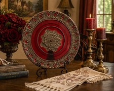 Large Decorative Tuscan-Style Hand-Painted Floral Charger Plate with Scrolling Vine Border