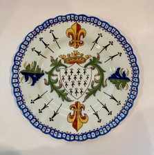 French Faience Handled Serving Dish with Armorial Crest and Floral Border, Octagonal Two-Handled Tray — listing 3