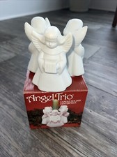 Vintage Bisque Porcelain Angel Girl Candle Holder Figurine with Star Cutouts and Gold Halo — listing 2