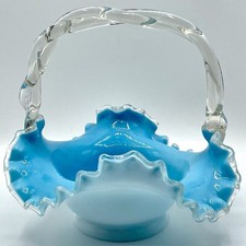 Hand-Blown Art Glass Free-Form Basket Bowl with Pink, Blue & Green Swirls — listing 4