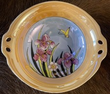 Noritake Lusterware Two-Handled Serving Bowl, Peach Luster with Black Rim and Floral Cartouches — listing 3