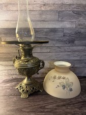 Victorian Brass Oil Lamp with Pink Satin Glass Font and Ruffled Tulip Shade — listing 5