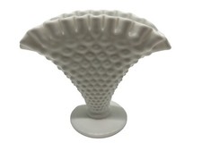 Pair of Vintage Hobnail Milk Glass Hurricane Table Lamps with Ruffled Shades and Ornate Metal Bases — listing 6