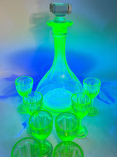 Vintage Green Uranium Glass Ribbed Carafe / Bedside Water Carafe, 6 inches — listing 3