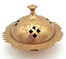 Vintage Brass Handheld Incense Burner with Wooden Handle, 2 Inch Round