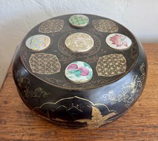 Vintage Japanese Lacquer-Style Porcelain Bud Vase with Pagoda Landscape
