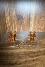 Pair of Amber Glass Candlesticks with Encrusted Gold Gilt Bands — listing 5