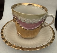 Antique Pink Copper Lustreware Tea Cup and Saucer with Hand-Painted Floral Motif — listing 3