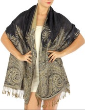 Reversible Paisley Jacquard Pashmina Shawl with Fringe, Brown/Tan/Cream, listing 4