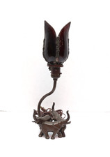 Antique Slag Glass Table Lamp with Figural Cherub Base and Amber Panel Shade — listing 3