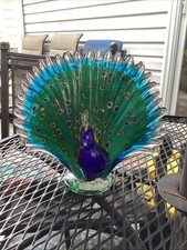Art Glass Peacock Figurine / Sculpture with Fanned Tail Feathers — listing 2