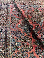 Hand-Knotted Persian-Style Wool Area Rug with Red Field and Navy Floral Border — listing 2