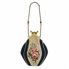Antique Petit Point Tapestry Evening Bag with Ornate Brass Frame and Chain