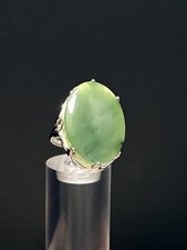 Vintage Nephrite Jade Cabochon Ring in Floral Silver-Tone Setting — listing 4