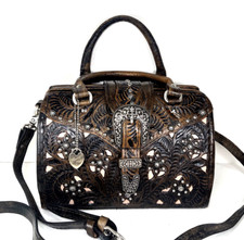 Vintage Hand-Tooled Leather Doctor's Bag / Gladstone Frame Bag with Crocodile Inset & Floral Liberty-Style Lining No visible mark at all — listing 3