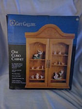 Oak Curved-Glass Curio Display Cabinet with Leaded Beveled Diamond Panels and Mirrored Back