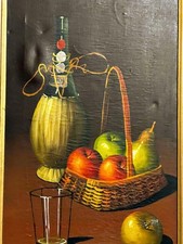 Vintage Framed Oil on Canvas Still Life Painting, Fruit Basket, Signed — listing 5