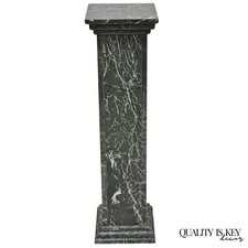 Pair Italian Solid Marble Column Table Lamps with Brass Detail & Custom Diane Hand-Sewn Silk Shades, 36in — listing 2