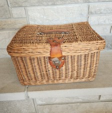 Vintage Woven Wicker Rectangular Basket with Turned Wood Handles — listing 4