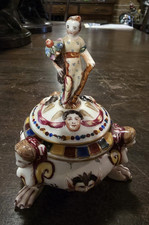 Collection of 5 Figural Porcelain Trinket / Pill Boxes (Rooster & Chicks, Cat in Basket, Floral Flower Basket, Yellow Dome, Rabbit) — listing 3