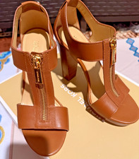 Michael Kors Black Leather Platform Sandals with Gold MK Logo Medallion, Size 8.5M