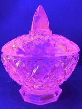 Vintage Uranium Green Depression Glass Covered Candy Dish with Acorn Finial